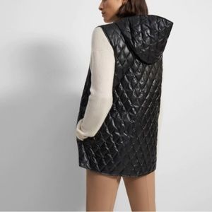 THEORY, Clairene quilted faux leather hooded vest black Petite S NWT